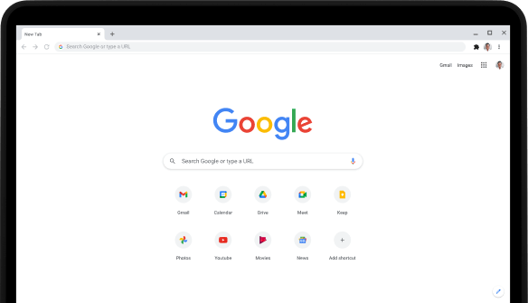Верхній лівий кут екрана ноутбука Pixelbook Go, на якому показано рядок пошуку Google.com і вибрані додатки.