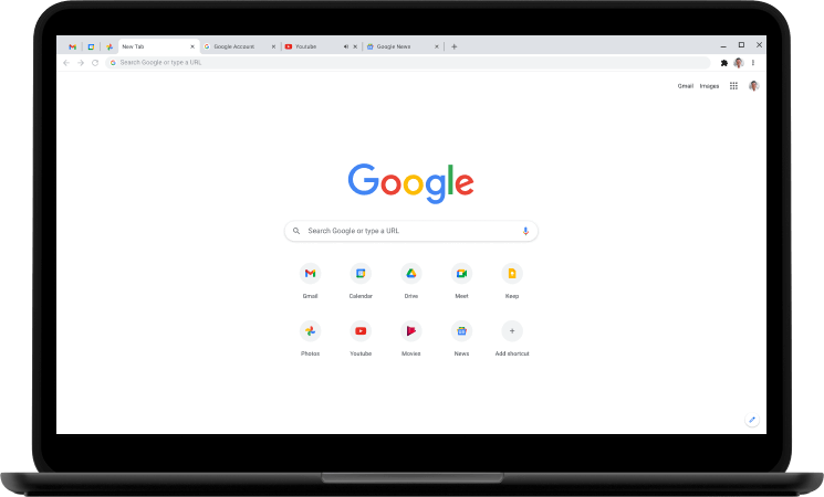 Laptop, displaying the Google.com home page.