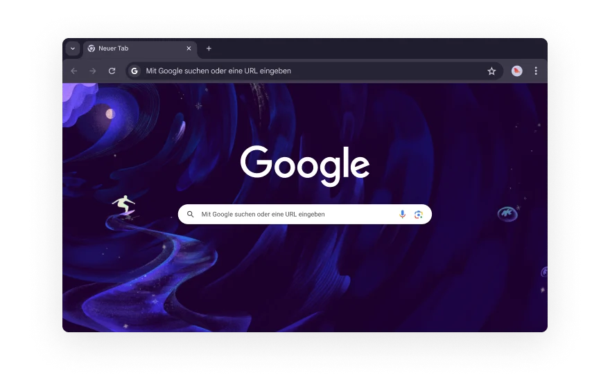 Eine abstrakte Chrome-Benutzeroberfläche ist umgeben von Symbolen, die verschiedene Kategorien von Browser-Erweiterungen darstellen. Die Symbole stehen für Shopping, Unterhaltung, Tools, Kunst & Design sowie Bedienungshilfen.