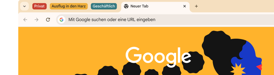 Die Benutzeroberfläche eines Browsers mit drei Gruppen von Tabs.