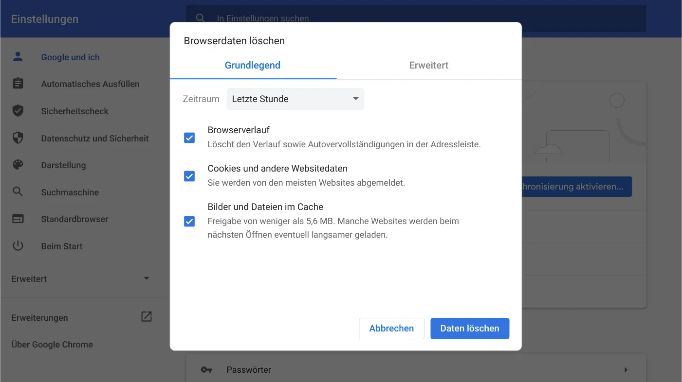 Das Chrome-Einstellungsfenster zeigt das Optionsmenü „Browserdaten löschen“.