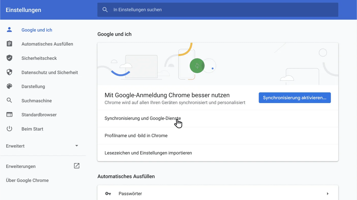 Das Chrome-Einstellungsfenster zeigt das Optionsmenü „Google und ich“.
