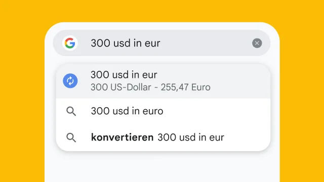 In die Adressleiste von Chrome wurde „300 USD in EUR“ eingegeben und es werden sofort Suchergebnisse angezeigt.