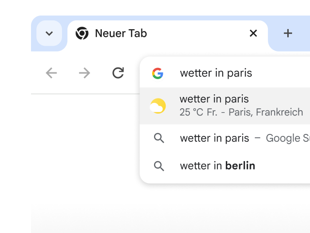 In die Adressleiste von Chrome wurde „Wetter in Paris“ eingegeben und es werden sofort Suchergebnisse angezeigt.