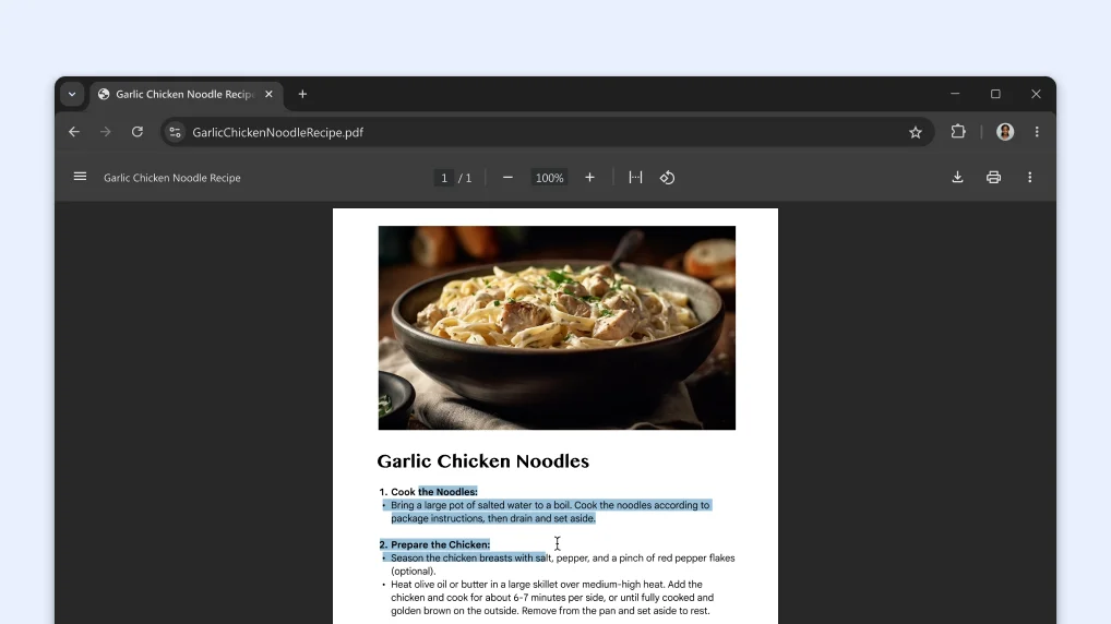 A PDF featuring a recipe is open in a Chrome browser window. The user has selected text within the PDF.