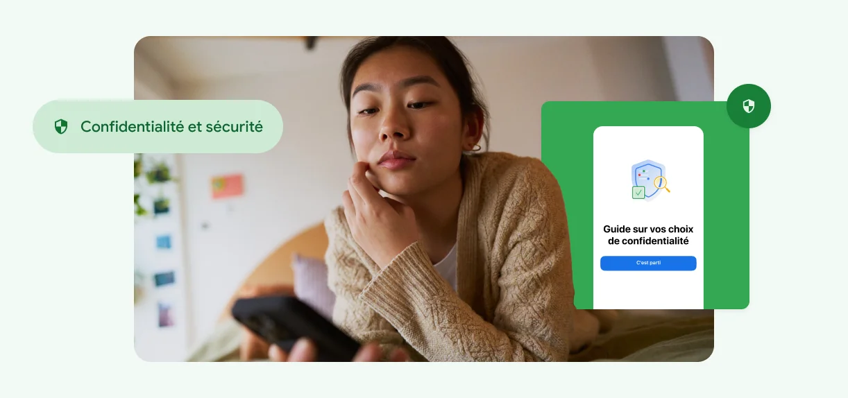 Une femme regarde son téléphone en se touchant le visage.