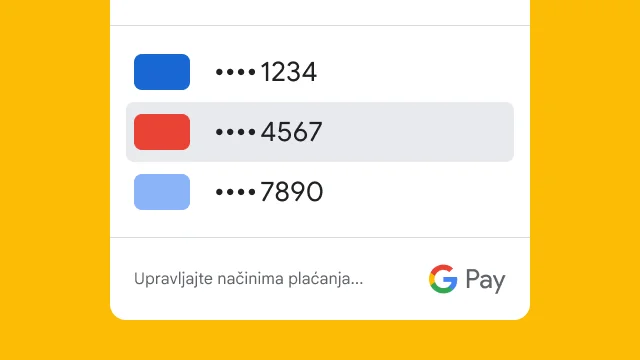 Google Pay prikazuje samo posljednje četiri znamenke triju kreditnih kartica radi sigurnosti.