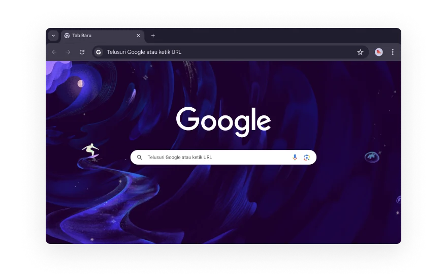 UI Chrome abstrak dikelilingi oleh ikon yang mewakili kategori untuk ekstensi browser. Ikon tersebut mewakili Belanja, Hiburan, Alat, Seni & Desain, dan Aksesibilitas.