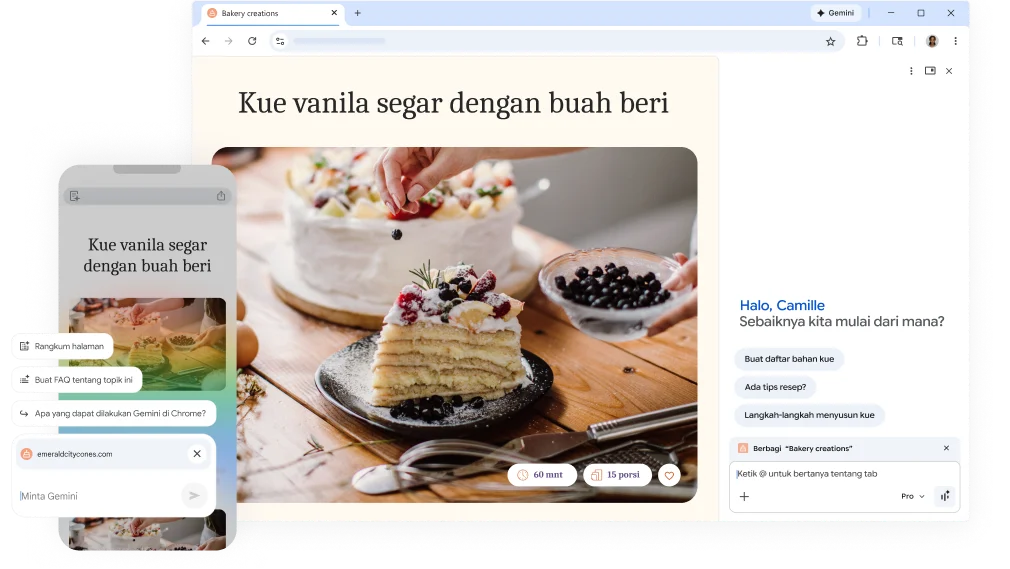 Jendela pop-up muncul di halaman resep kue, menawarkan bantuan melalui Gemini di Chrome. Fitur ini tersedia di desktop dan perangkat seluler.