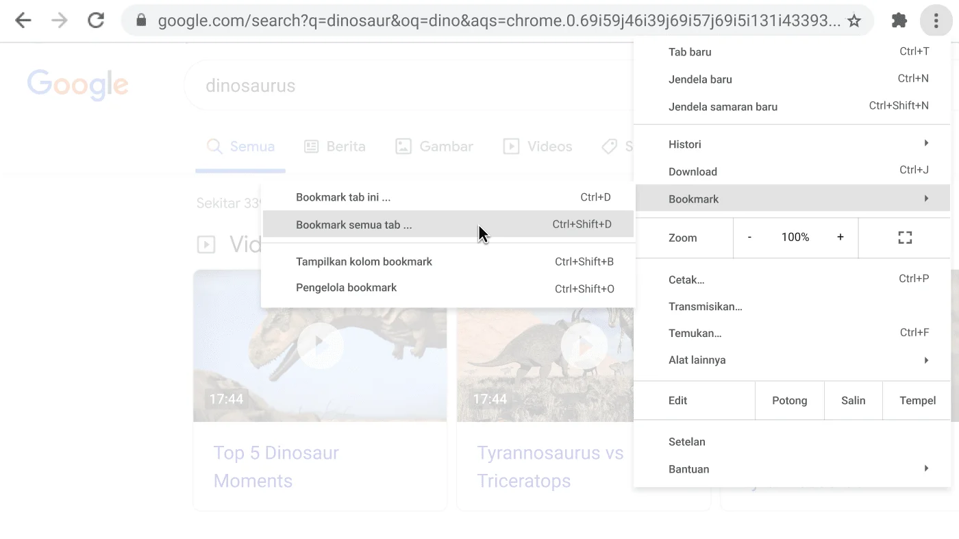 Jendela browser Chrome dengan kotak dialog yang menampilkan opsi Bookmark semua tab.