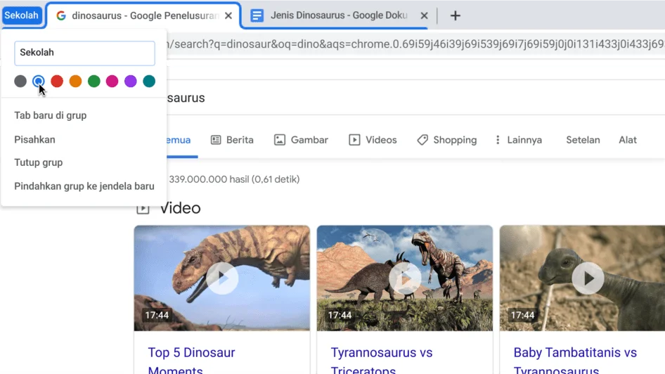 Jendela browser Chrome dengan kotak dialog yang menampilkan pembuatan nama grup tab