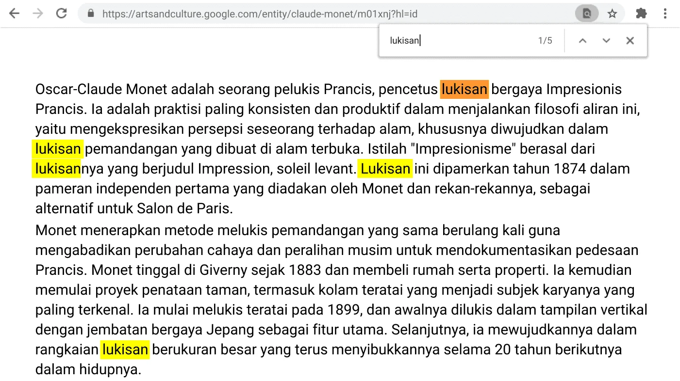 Jendela browser Chrome membuka halaman web dengan fungsi Temukan aktif.