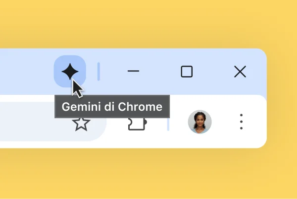 Ikon Gemini ditampilkan di bagian atas jendela browser Chrome. Pengguna mengarahkan kursor ke ikon. Tooltip bertuliskan 'Gemini di Chrome'.