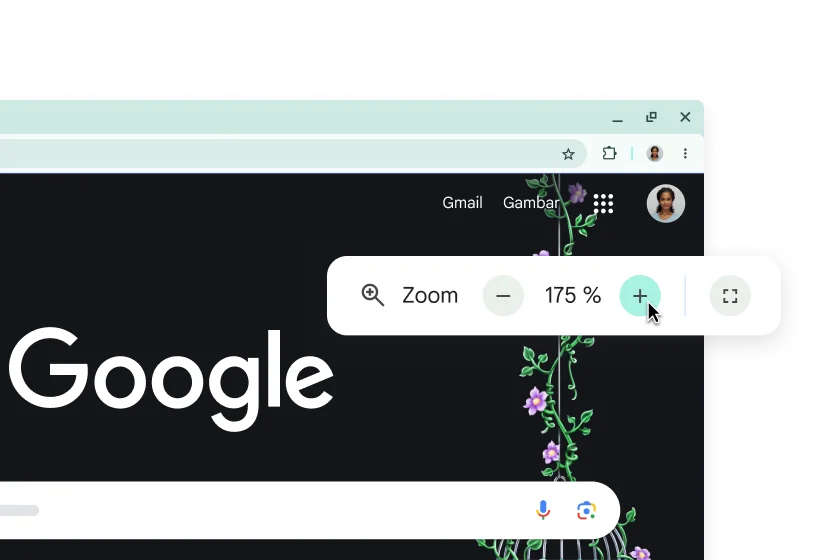 Halaman beranda Google dengan elemen yang diperbesar dan pop-up dengan Zoom yang disetel ke 175%