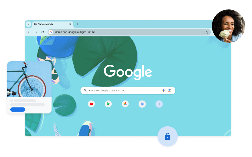 Lo sfondo della pagina della Ricerca Google ha un'illustrazione blu di pesci in uno stagno koi. In un angolo c'è la foto di una donna.