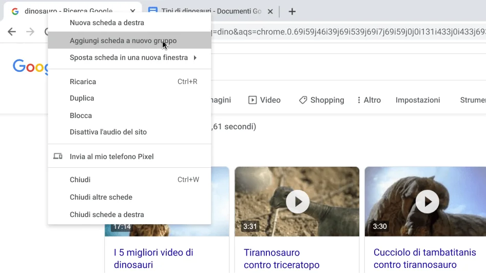 Finestra del browser Chrome con una finestra di dialogo in cui viene mostrato come creare un nuovo gruppo di schede.
