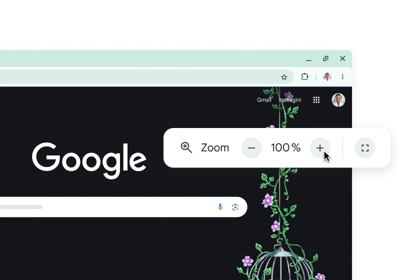 La home page di Google e un popup con il livello di zoom impostato su 100%
