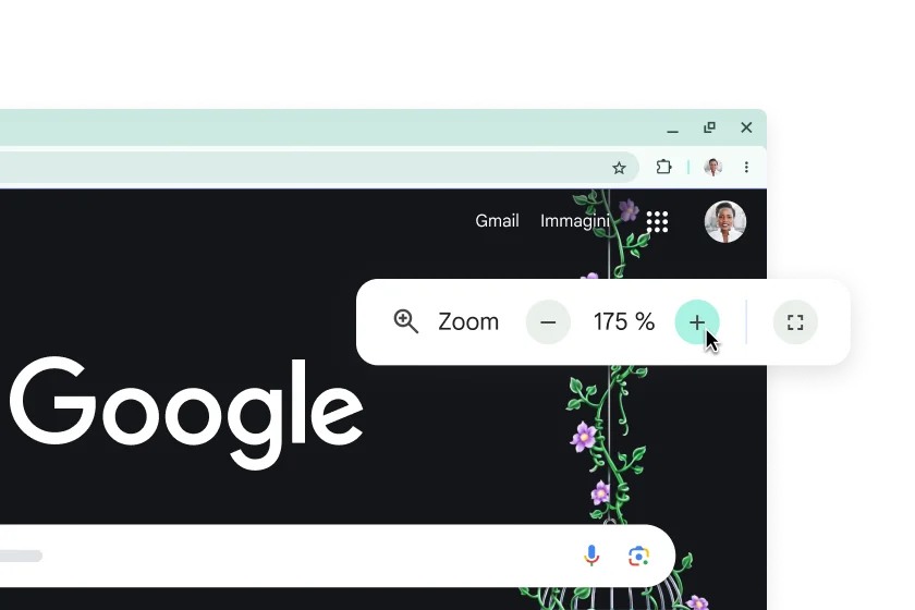 La home page di Google con elementi ingranditi e un popup con il livello di zoom impostato su 175%