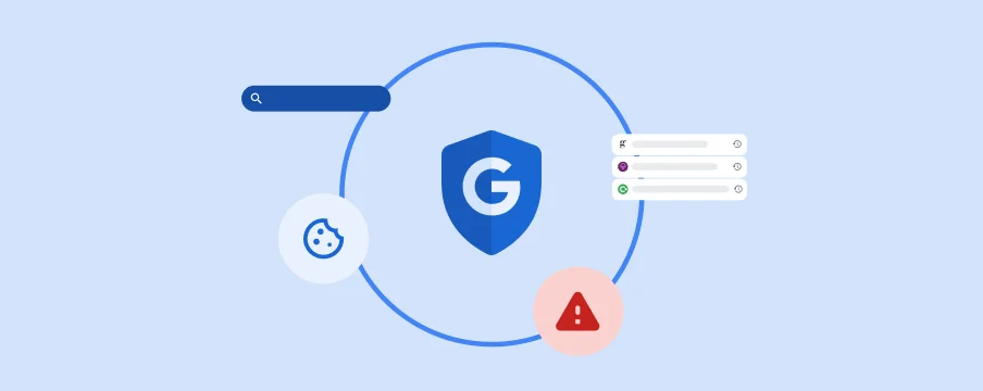 ユーザーがオンラインのプライバシーを管理できることを示す、プライバシー関連のアイコンに囲まれた Google バッジ