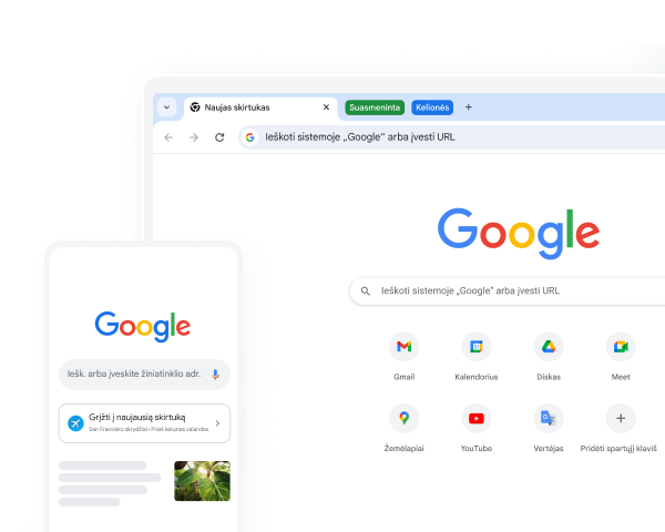 Mobilusis įrenginys ir stalinis kompiuteris, kuriuose rodomas pagrindinis „Google“ puslapis naršyklėje „Chrome“.
