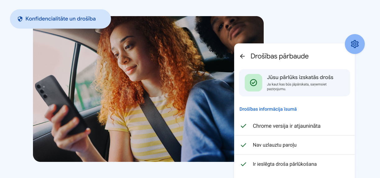 Sieviete lūkojas tālrunī. Elementi ar tekstu “Konfidencialitāte un drošība” un brīdinājums par uzlauztām parolēm.