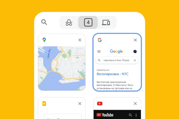 Мобильный браузер загружает вкладки из браузера для компьютера, в том числе с Google Картами и информацией о трафике в городе.