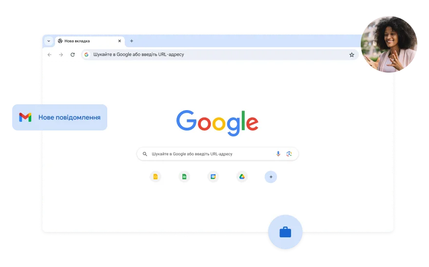 Сторінка Пошуку Google із білим фоном. У куті розміщено фотографію жінки.