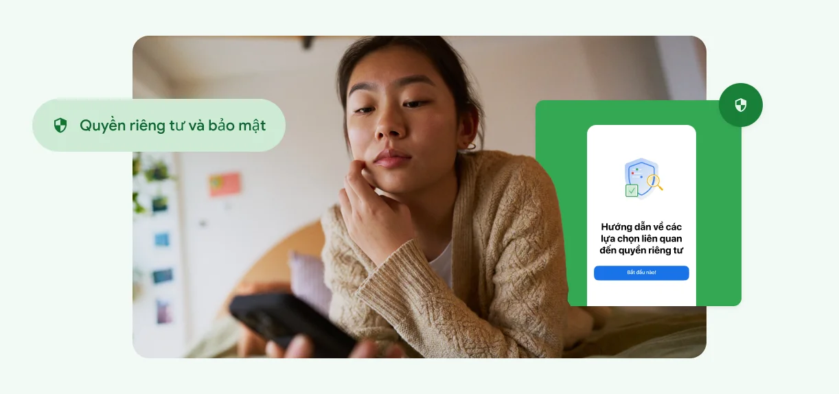 Một người phụ nữ đang chạm vào mặt mình và nhìn vào điện thoại.