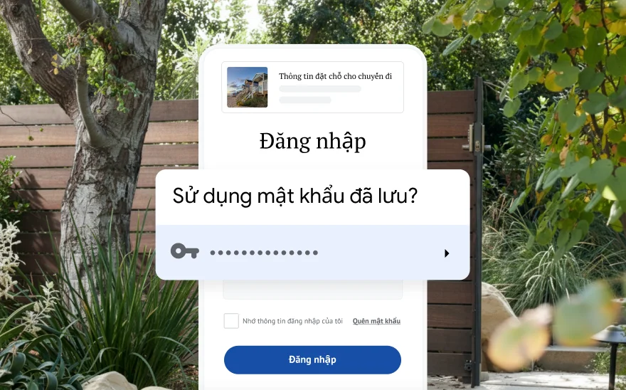 Trang đăng nhập để đặt chỗ cho một chuyến đi yêu cầu sử dụng một mật khẩu đã lưu. Phía sau là khung cảnh thiên nhiên.
