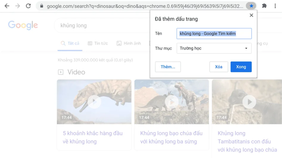Cửa sổ trình duyệt Chrome hiển thị hộp thoại Dấu trang đang mở.