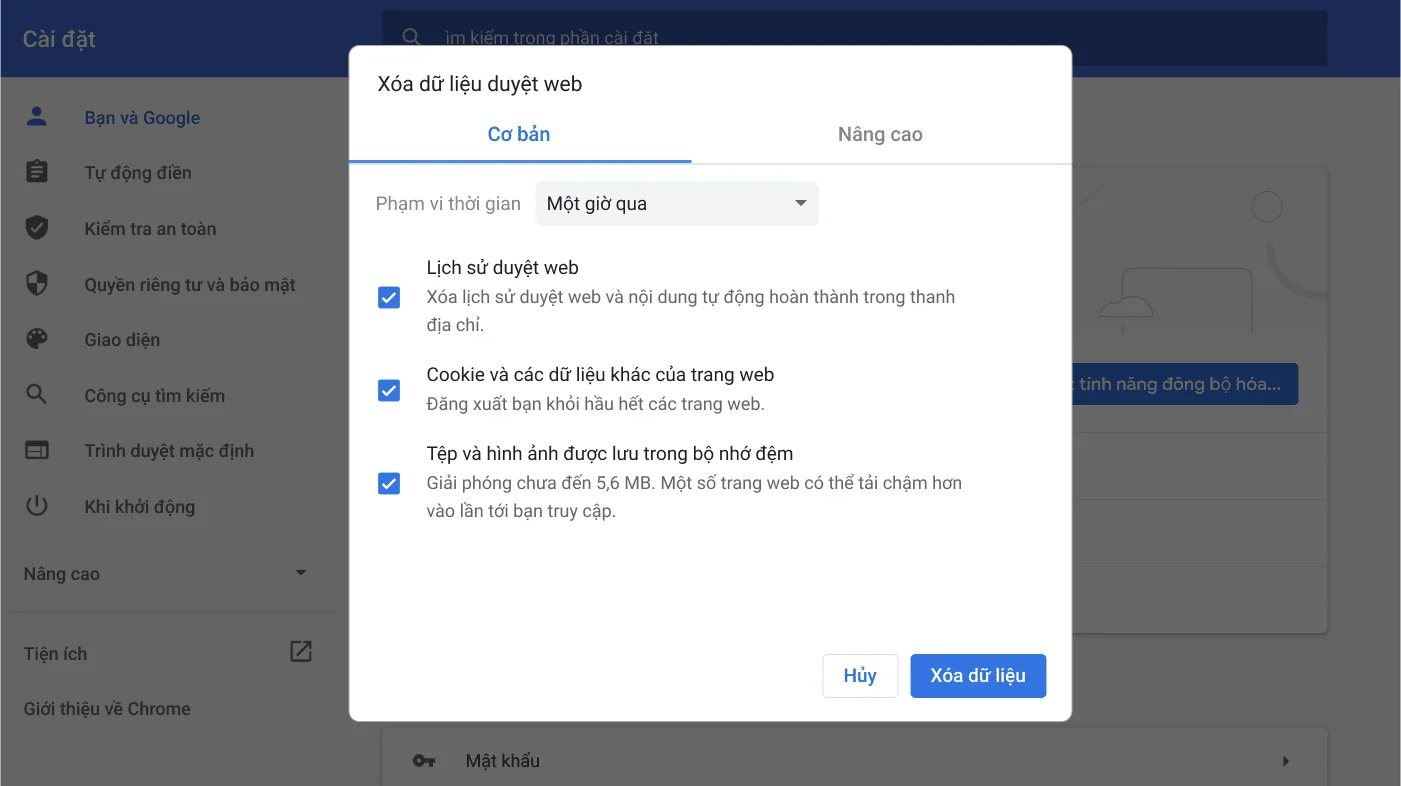 Cửa sổ cài đặt của trình duyệt Chrome hiển thị trình đơn tùy chọn Xóa dữ liệu duyệt web.