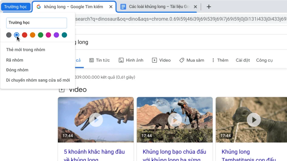 Cửa sổ trình duyệt Chrome có hộp thoại hiển thị cách đặt tên cho một nhóm thẻ