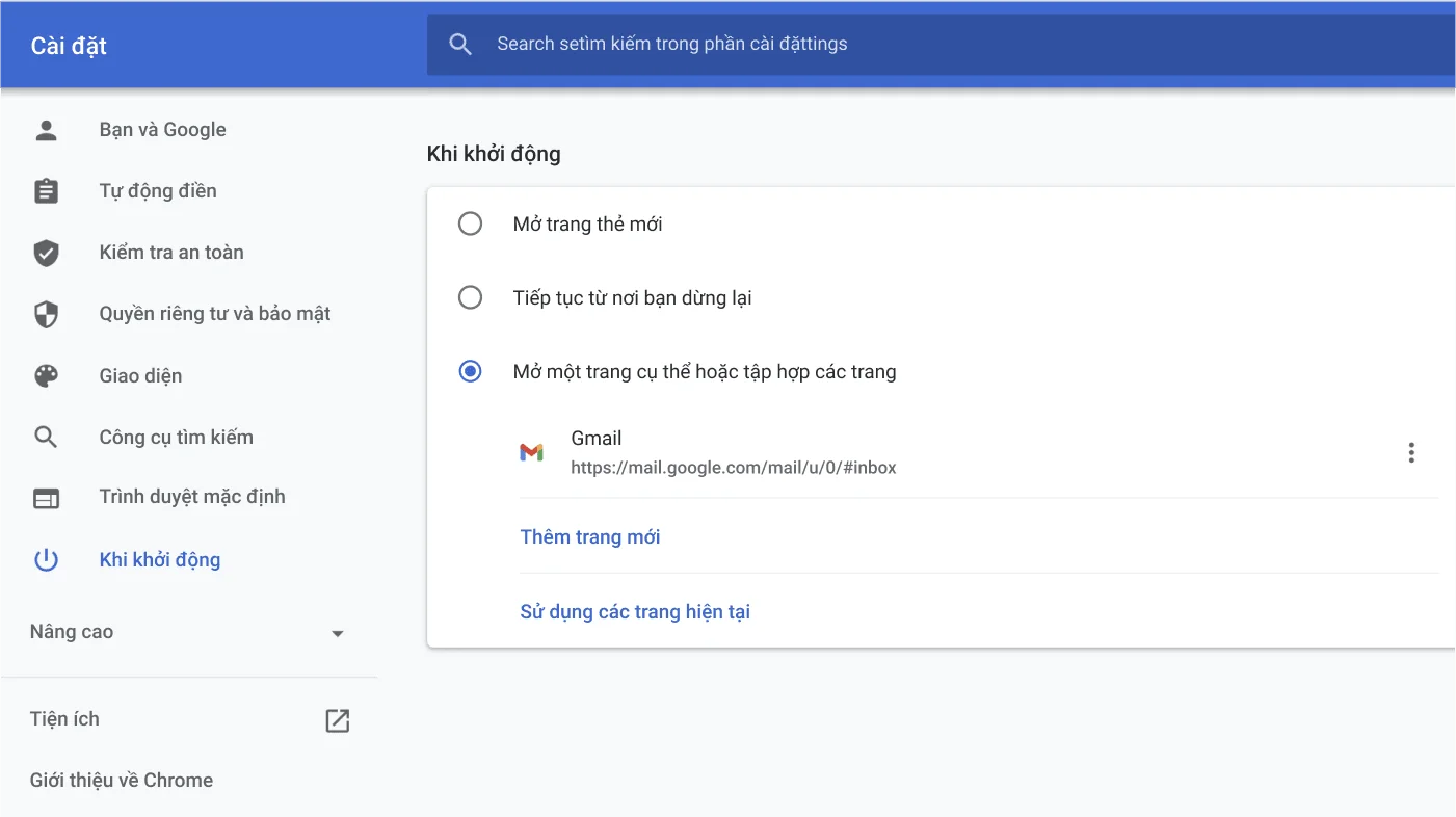 Cửa sổ cài đặt của trình duyệt Chrome hiển thị trình đơn tùy chọn Khi khởi động.