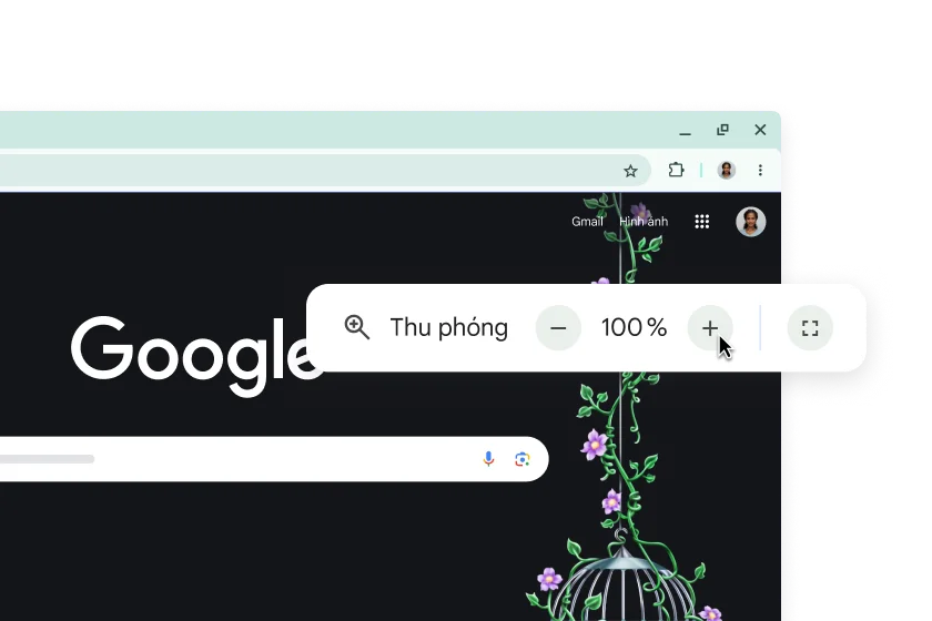Trang chủ Google và cửa sổ bật lên có mức Thu phóng 100%