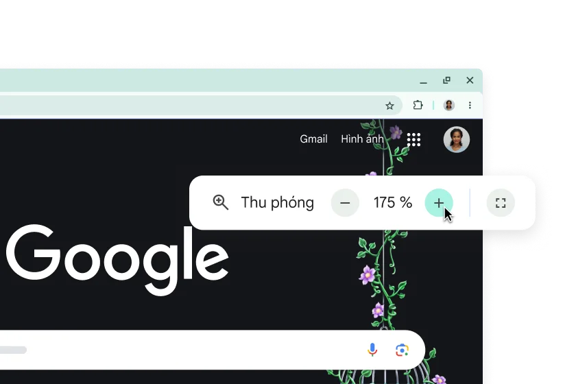 Trang chủ Google có các thành phần được phóng to và cửa sổ bật lên có mức Thu phóng 175%