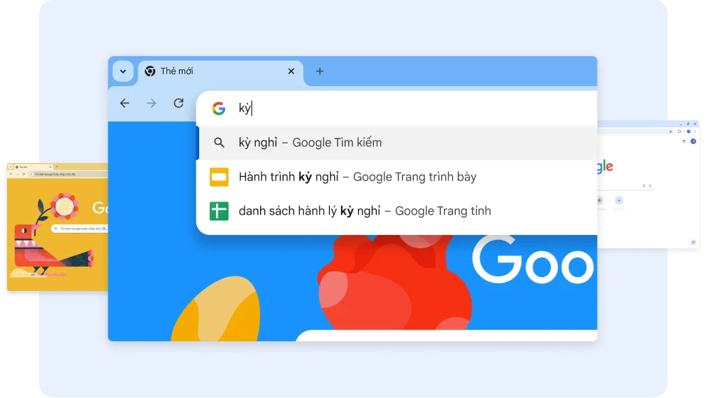 Chrome trả về các tài liệu liên quan đến kỳ nghỉ khi người dùng nhập từ 'va' (kỳ) vào thanh tìm kiếm. Sau đó, khi người dùng nhấn vào một lối tắt đến Google Trang tính, trang tính Vacation Packing List (Danh sách hành lý cần chuẩn bị cho kỳ nghỉ) sẽ mở ra.