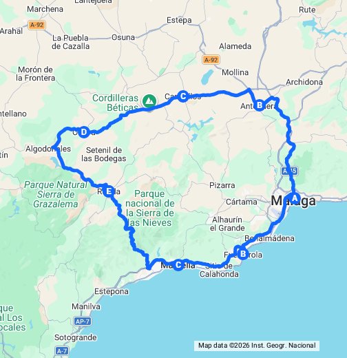 Как добраться из Малаги в Ронду на автомобиле (Google Мои карты)